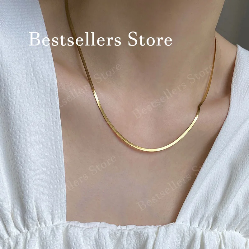 925 Sterling Silver, 18K Gold, 18-24 Inches, 4mm Blade Chain Necklace, Fashionable, Charming, Elegant, Gift Jewelry