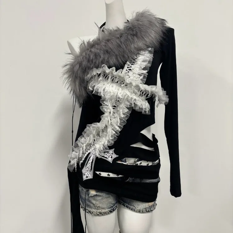 

American Punk Hole Lace T-shirt for Women Fur Patchwork Skew Collar Tops Mujer 2025 Early Spring New Long Sleeve Tee Shirt