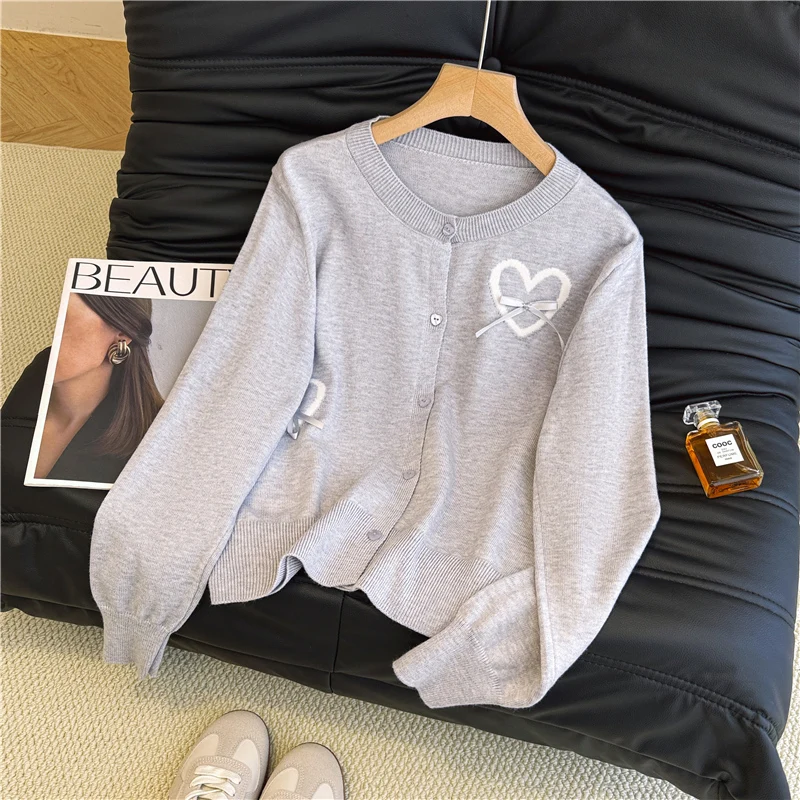

Sweet Bow Knitted Sweater for Women Autumn Winter New French Style Gentle Style Long Sleeve Cardigan O-neck Single Breasted Coat
