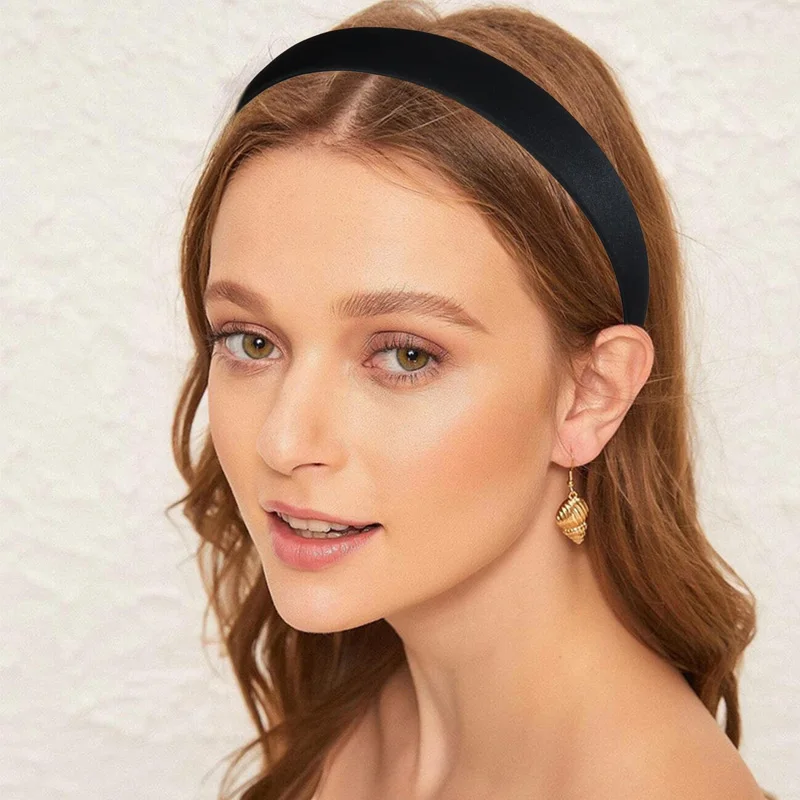 Black & White Satin Headband Set - Black (4.52×1.06in) & White (5.1×1.2in), Soft Breathable Non-Slip Lining - Detail 1