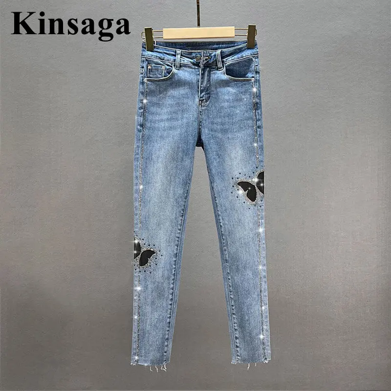 

Korean Stud Rhinestone Demin Pants Women Blue Elegant Chic Bow Inset Diamond Ninth Pencil Jeans Inlay Drill Feet Trousers Female