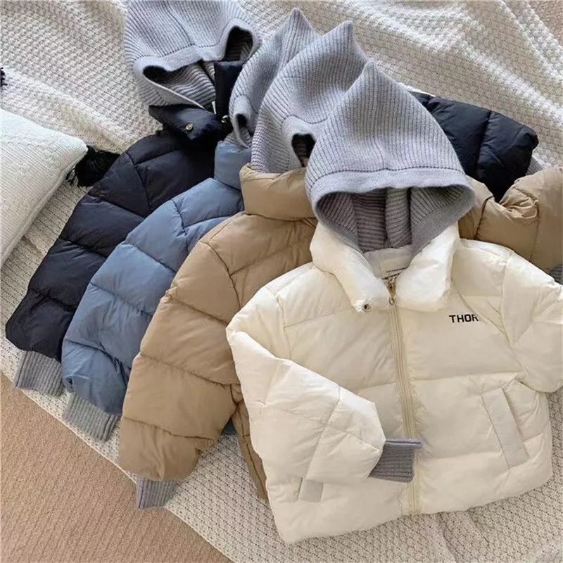 

2025 New Winter Baby Toddler Boy Korean Style Knitted Patchwork Hooded Jacket Coat Thicken Outdoor Wear 2-7YEARS