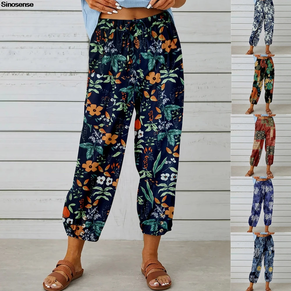 Womens Vintage Print Cotton Linen Summer Palazzo Pants High Waist Drawstring Capri Pants Casual Loose Trouser With Pockets 3XL