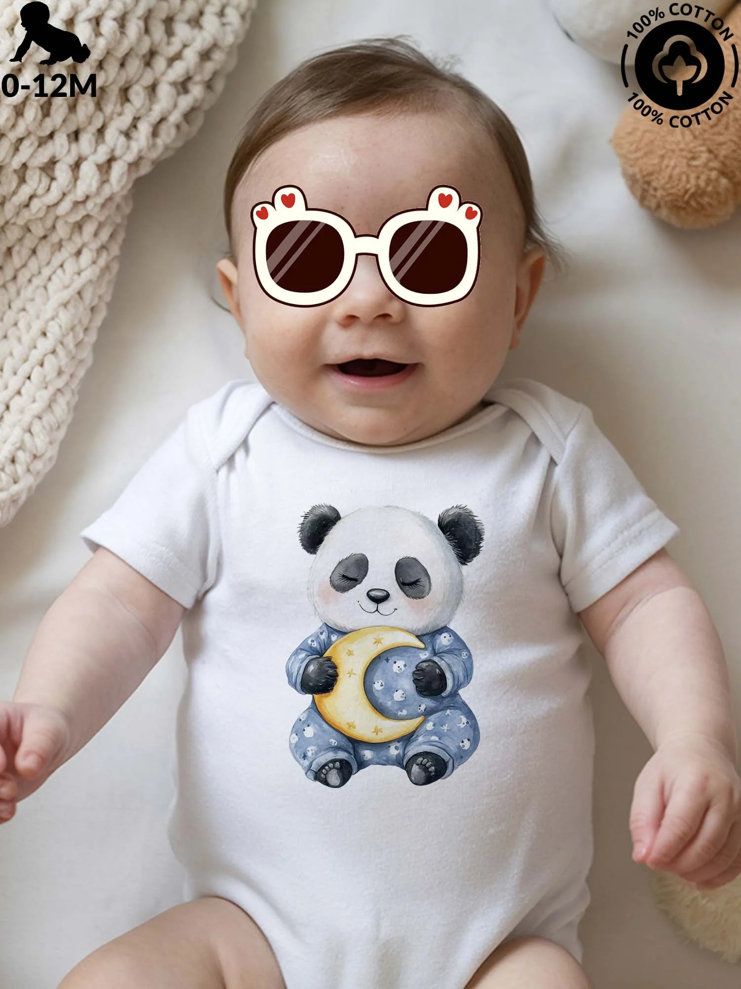 

Little Panda Holding A Moon Unisex Baby Crawling Suit, Pure Cotton Soft Onesie, All-Season Wear White Bodysuit 190GSM