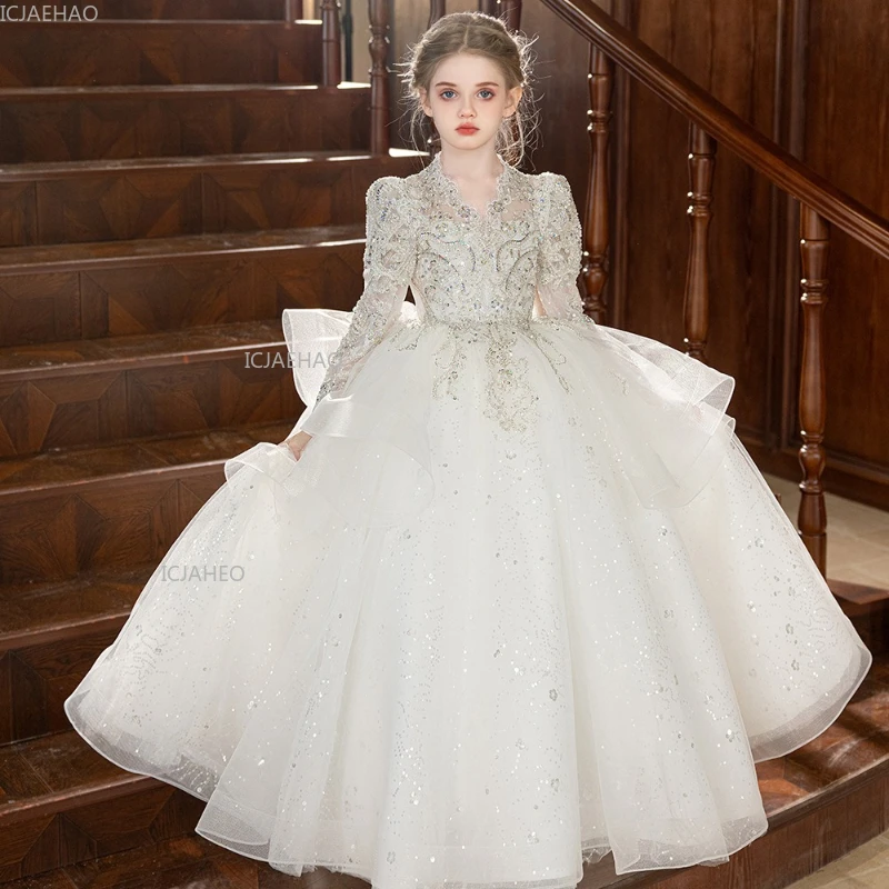 

White Princess Dress Kids Girls Flower Girl Wedding Gown for Birthday Party Host Piano Performance Pageant Formal Wear Children