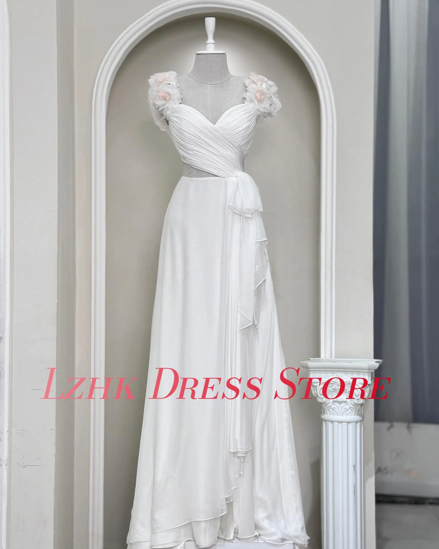 تخصيص رائعة الشيفون ألف خط 3D الزهور مساء اللباس جودة عالية أكمام الحبيب الطابق طول فساتين المشاهير