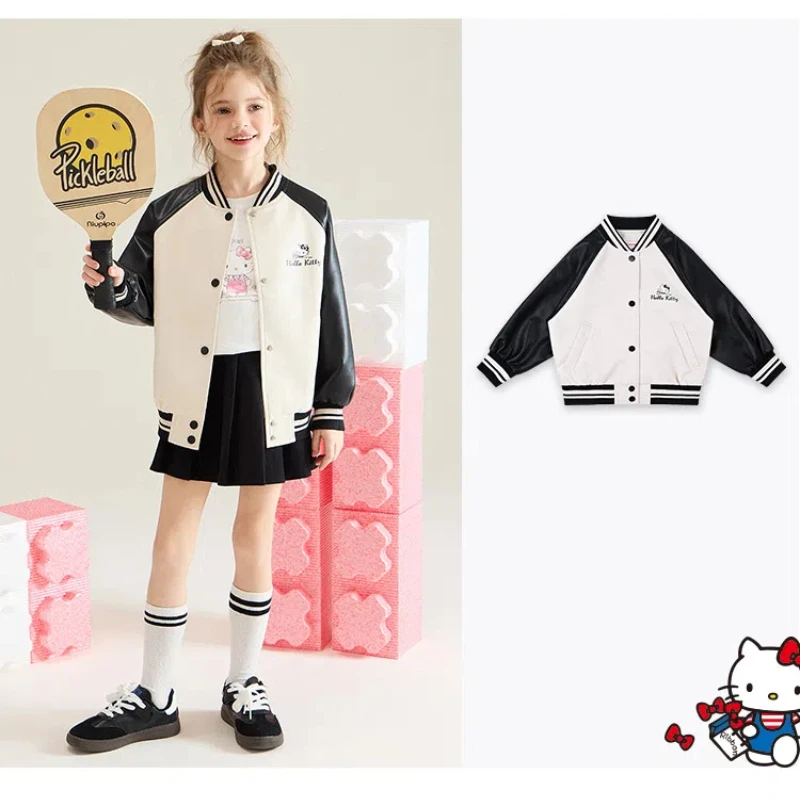 Hello Kitty Girls 2024 New Jacket Medium and Big Children's Baseball Jersey Cartoon Stitching Children's Clothing