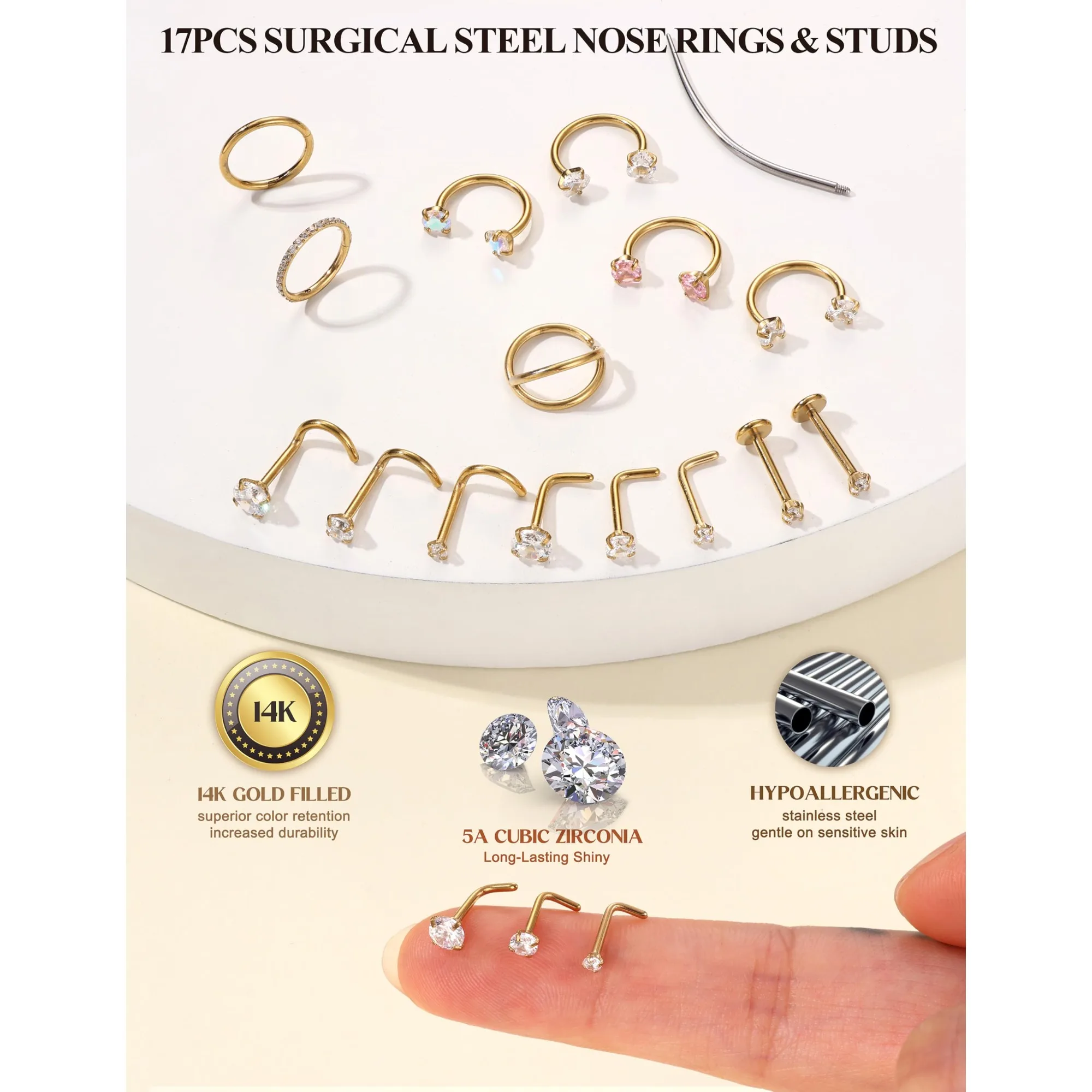 Drperfect 16Pcs Surgical Steel Horseshoe Nose Ring Hoops for Women 14K Gold Plated Nostril Cartilage Helix Body Piercing Jewelry
