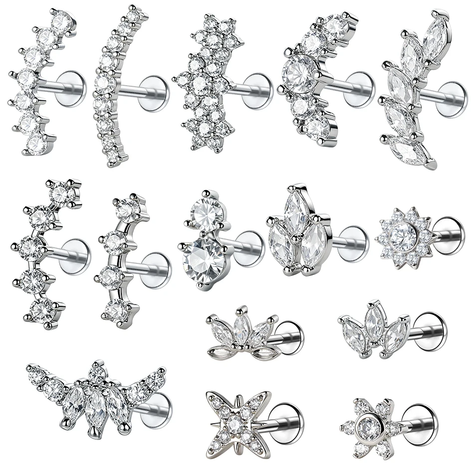 1/5PCS Steel CZ Flower Labret Curved Bar Flat Back Stud Earring Cluster Helix Cartilage Conch Lobe Ear Piercings Women Jewelry
