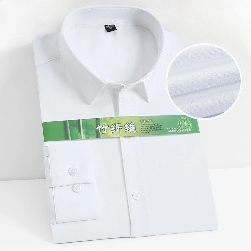 

8XL Bamboo Fiber Anti-wrinkle Blue Shirt Men's Long-sleeved Solid Color Work White Shirt Slim Fit Shirt Men Plaid Striped Shirt