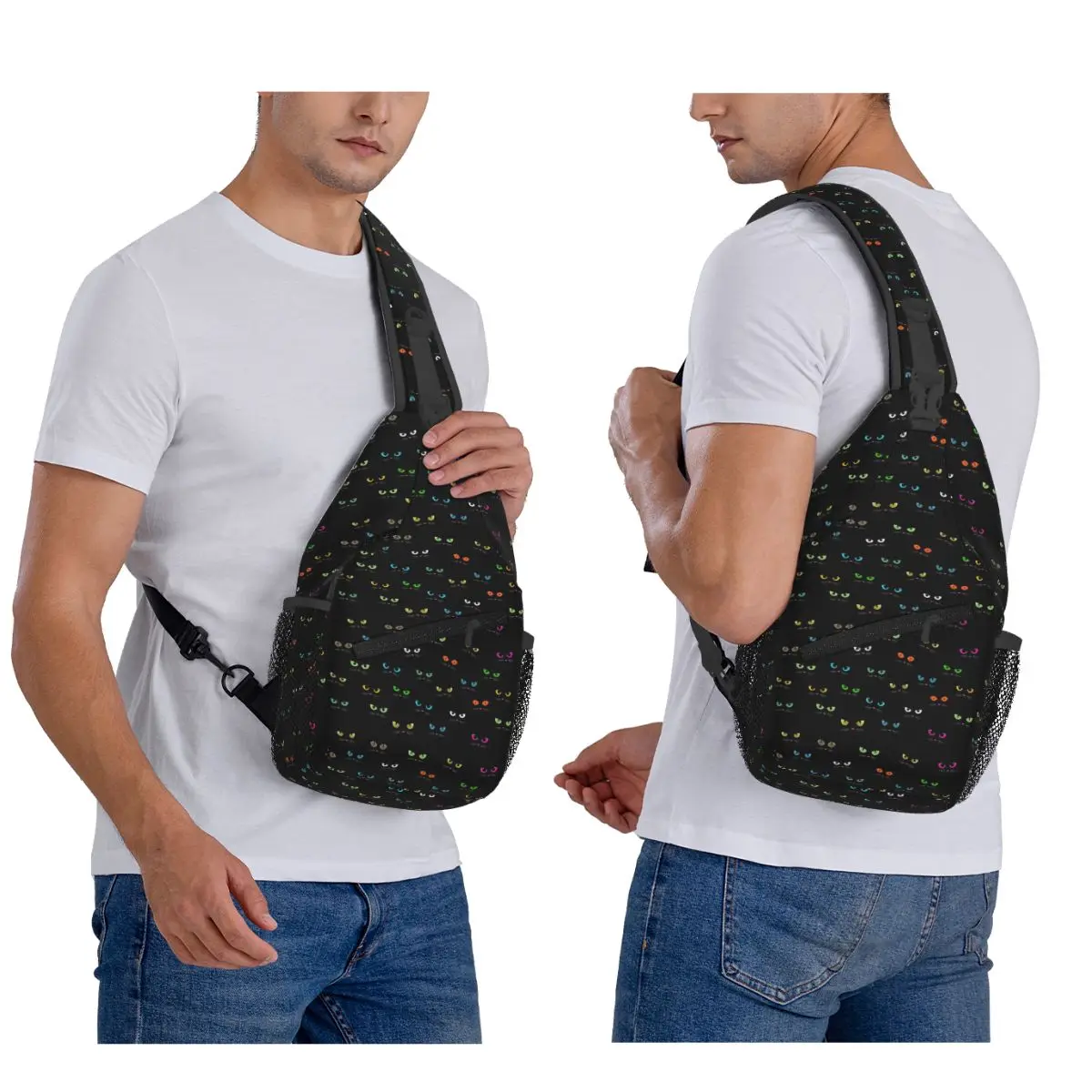 القط الصور الظلية الكرتون القطط السوداء حقيبة صدر للرجال الرجال الرافعة Crossbody على ظهره حقيبة صدر للرجال السفر المشي لمسافات طويلة Daypack حقيبة كتف