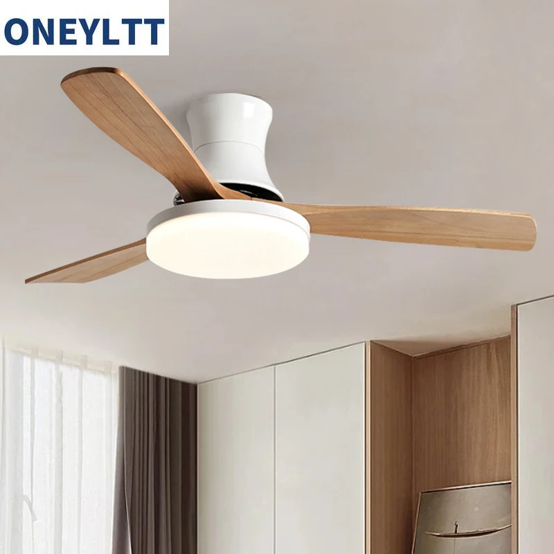 Flush Mount Ceiling Fan With Light Low Profile Wooden Ceiling Fan Lamp with LED Light and Remote Control Reversible Motor