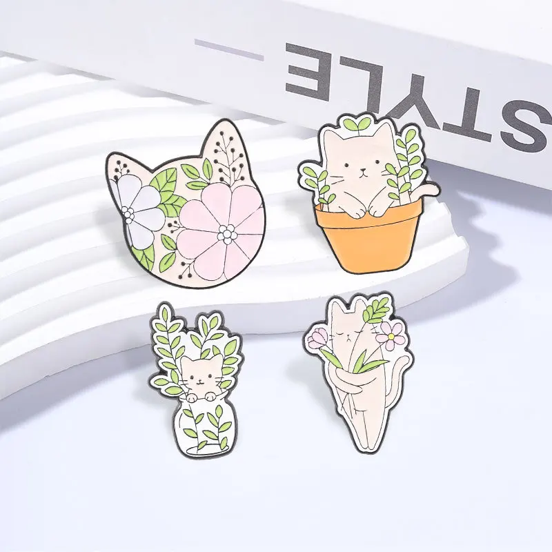 Cartoon Forest-themed Flower and Plant Cat Pin Greenery Kitten Accessories Spring Creative Cultural Merchandise Badge