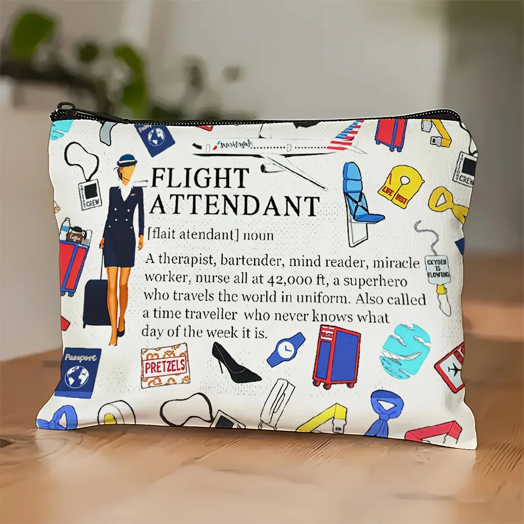 Una bolsa de maquillaje con temática de tripulación de cabina: linda bolsa multifuncional con cremallera para mujer, bolsa para guardar joyas