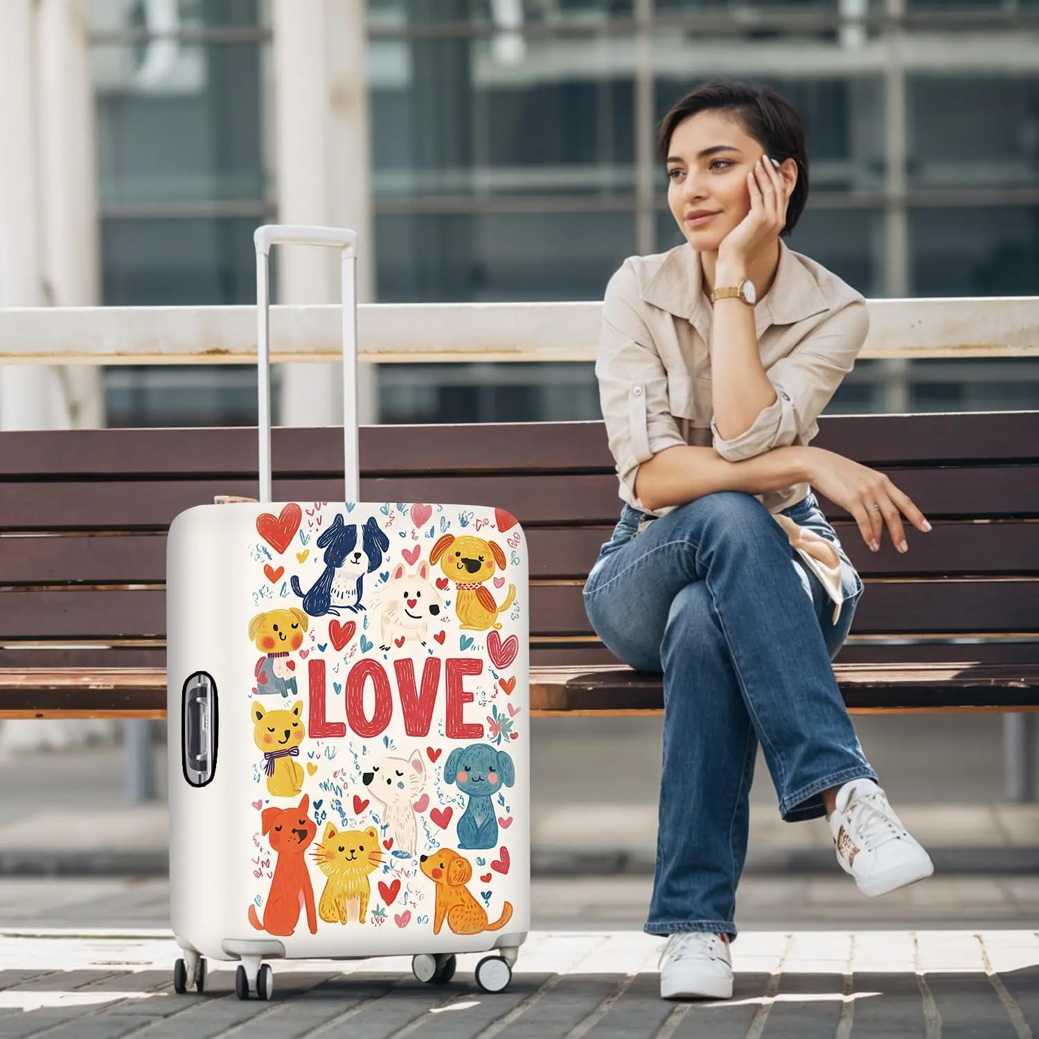 Cute Dog Luggage Cover, Elastic Suitcase Protector with Love Heart Design, Travel Protector Washable, Durable