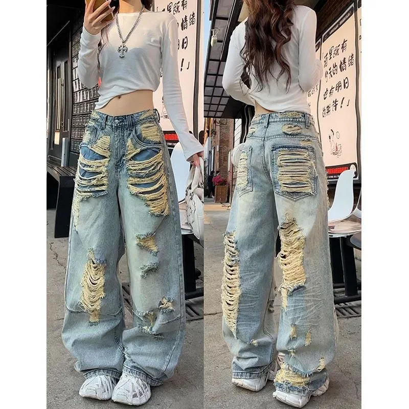 سراويل جينز ممزقة عصرية من Street Hottie Beggar للسيدات من High Street Retro فضفاضة ورقيقة واسعة الساق