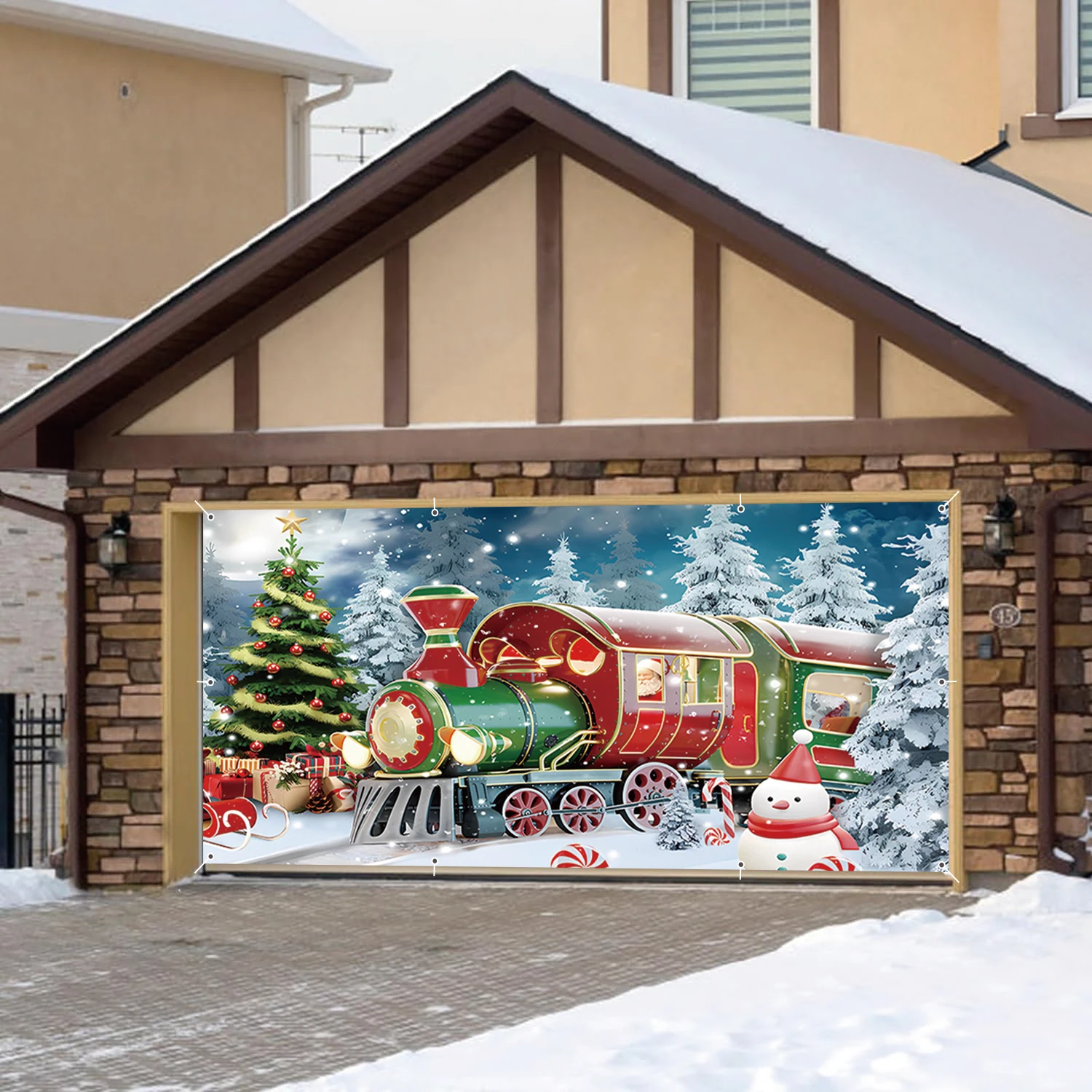 

Christmas Garage Door Banner Train Winter Snowy Forest Snowman Backdrop Xmas Party Decor Large Hanging Photography Background