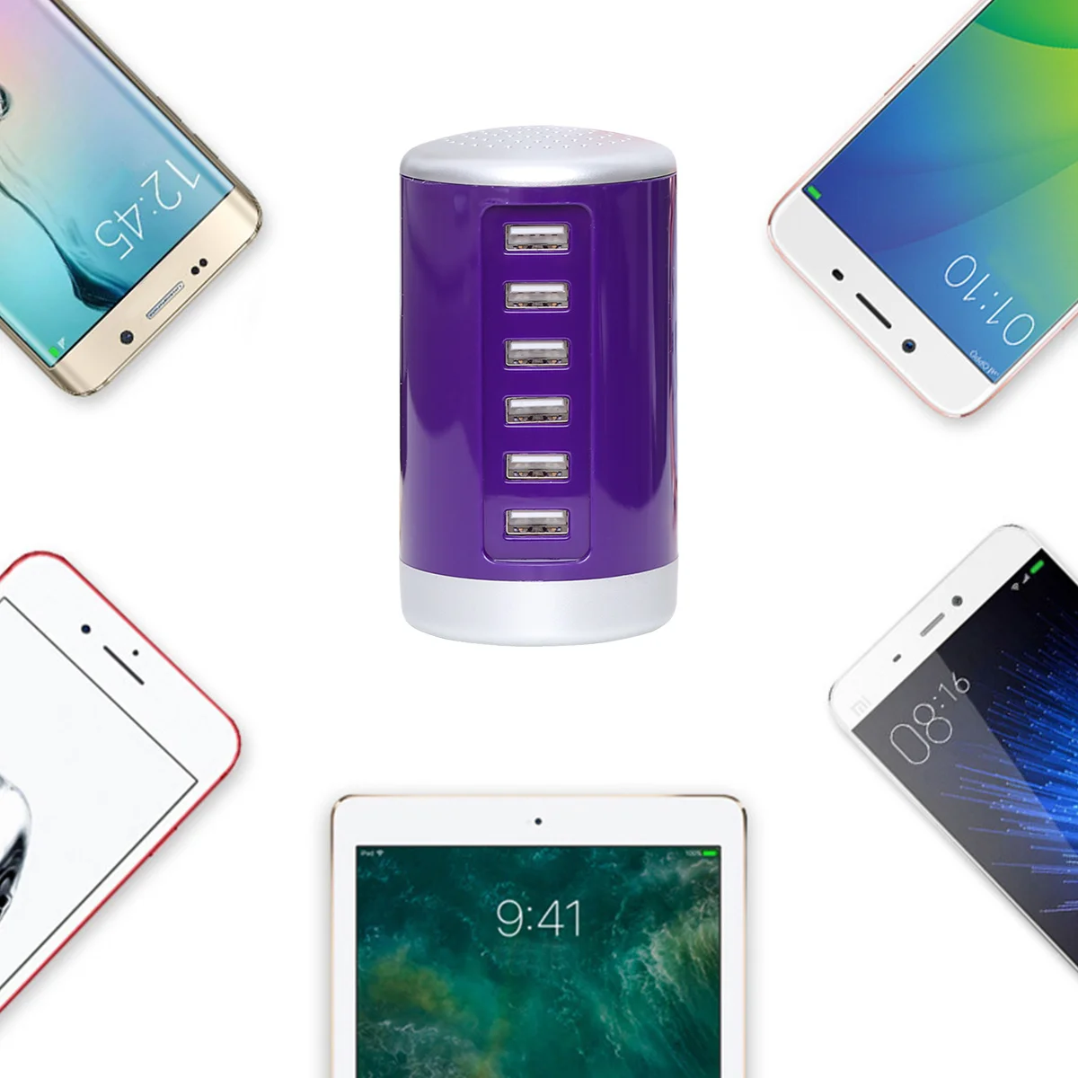 

6 Port USB Hub Identification Charging Adapter Universal USB Travel Use Purple Charging Adapter Slots