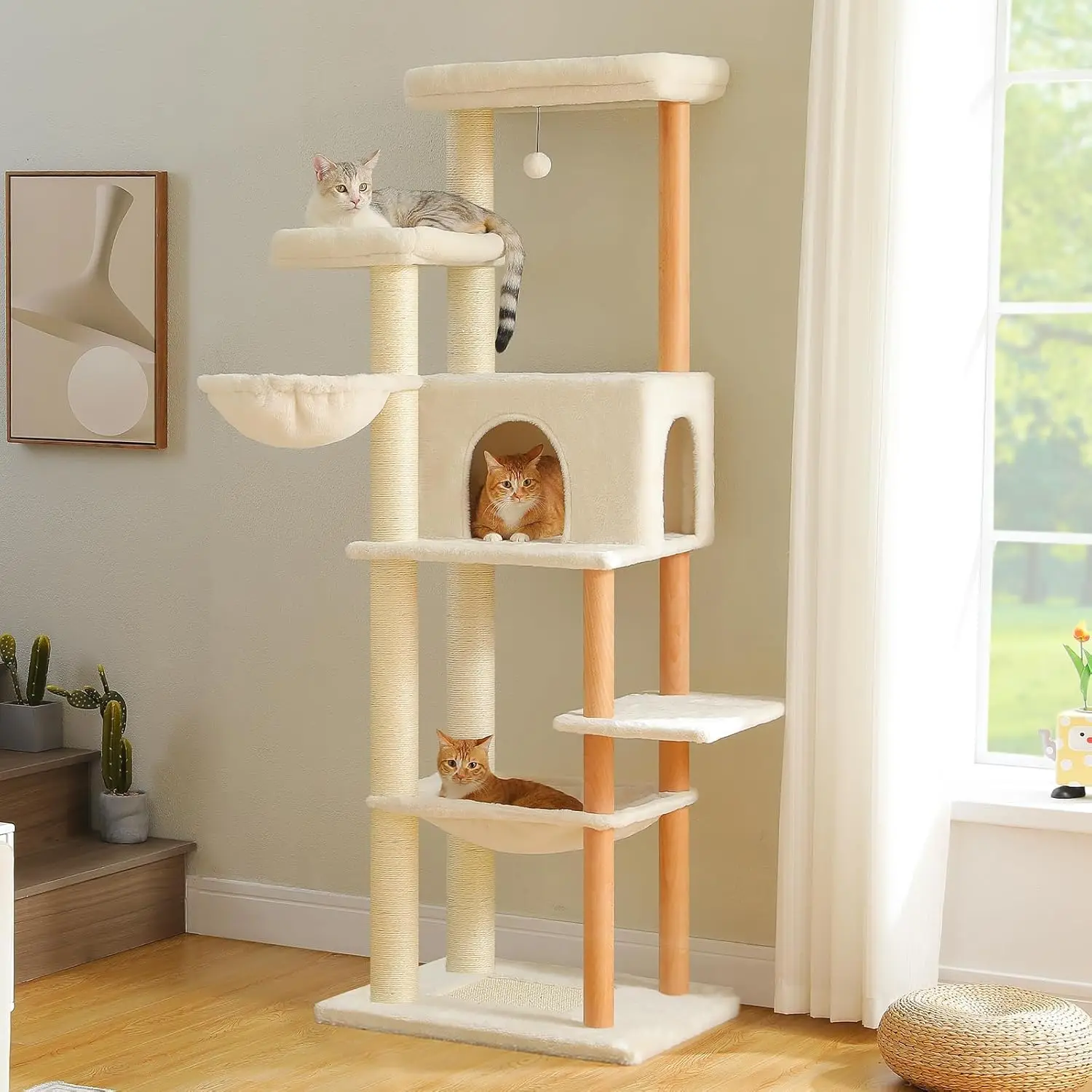 

73 Inches Tall Wooden Cat Tower with 2 Spacious Hammocks,2 Big Top Beds,8 Fully Scratching Posts and Natural Wood Posts