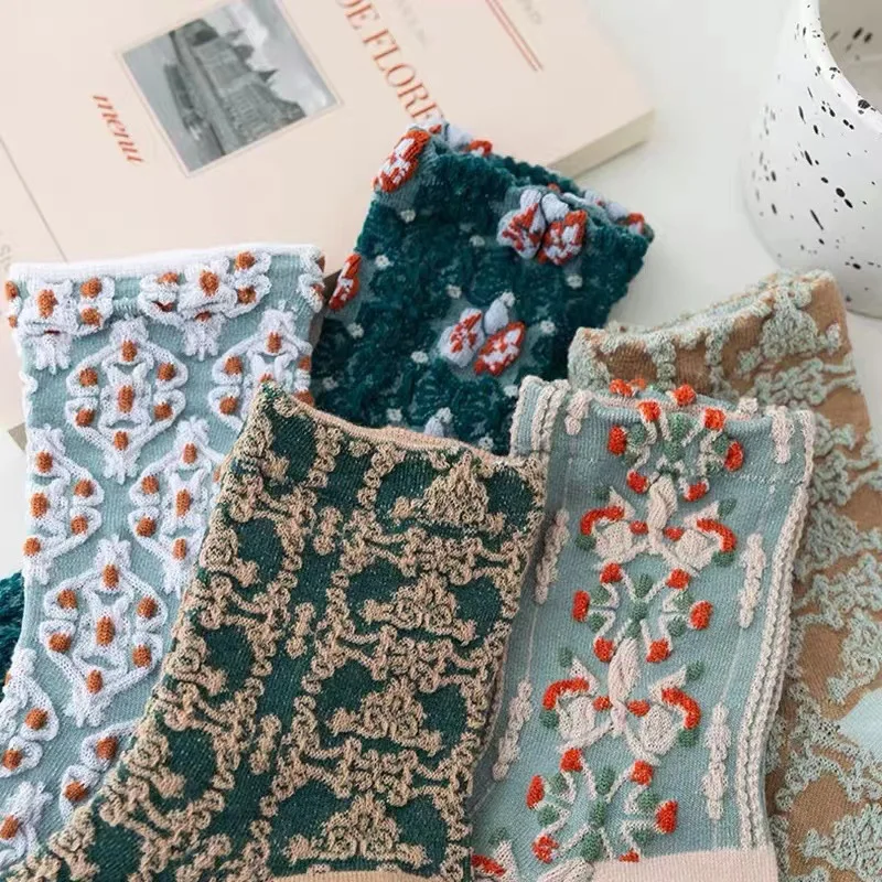 5/10 Pairs النساء الرجعية المطبوعة منتصف جوارب أنبوبية أنماط زهرة فتل العرق تنفس لينة مريحة الرياضة الترفيه الجوارب #6