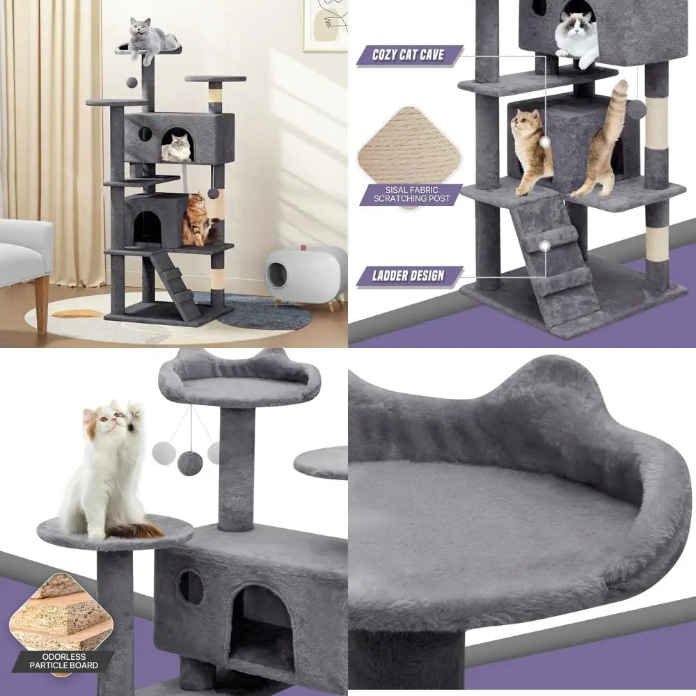 

Tall Indoor Cat Tower with Scratch Post, 2 Perches & Ladder, 54 Smoky Gray for Climbing & Play