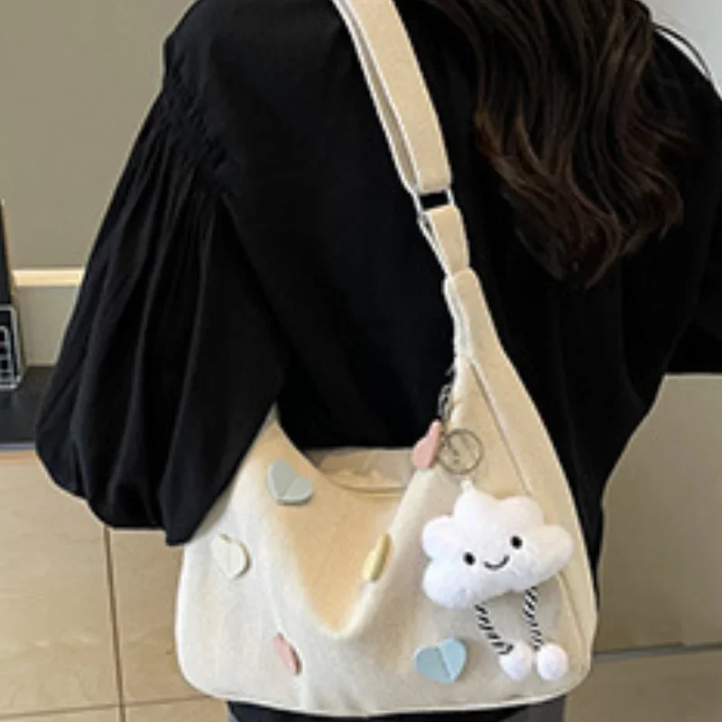 Seasonal Appliqued Cute Heart Hobo Bag Women Fresh Artsy Style Letter Tote Shoulder Bag Student Commuter Canvas Crossbody Bag