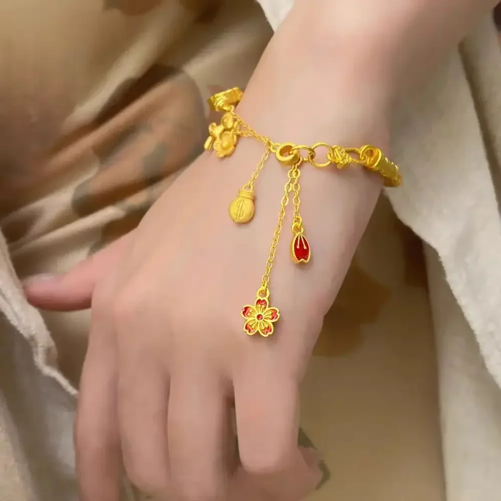 

24K Color Gold-plated Bracelet Burned Blue Enamel New Chinese Style National Style Golden Immediately Rich Flower Open Bracelet