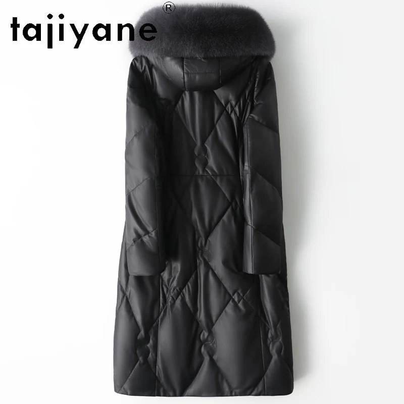 TAJIYANE 100 % erstklassiger Schaffell-Daunenmantel für Damen, schwarz, echtes Leder, lange Pufferjacke, Fuchspelzkragen, 2025, Winterkleidung