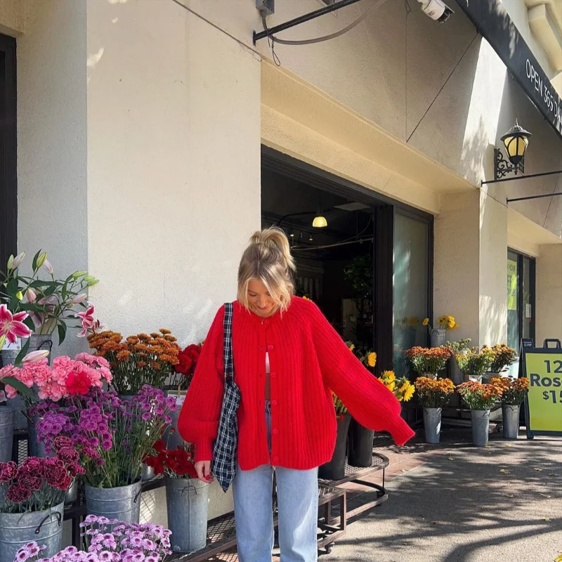 

Red Knitted Sweater Women Cardigan Fashion Solid Round Neck Loose Single Breasted Sweaters Lady Autumn Daily Commute Cardigans