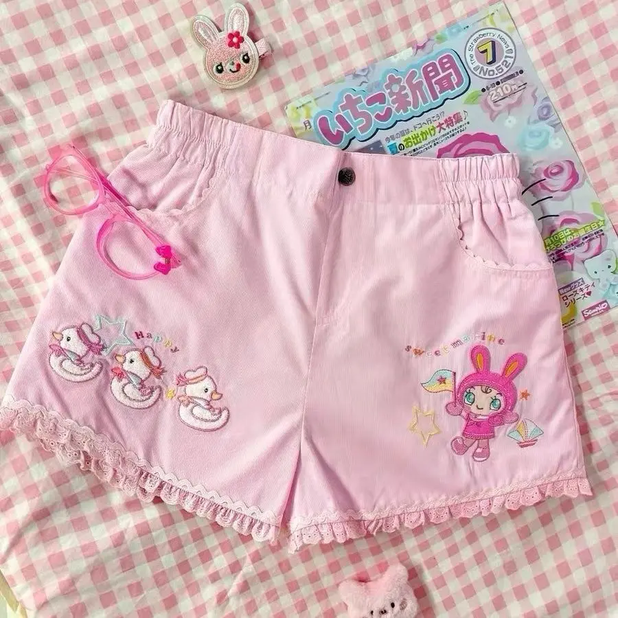 Japanese Cute Cartoon Mp Embroidery Jojifuku Pink Shorts Summer New Sweet Girl All Match Lace Ruffle High Waisted Y2k Shorts