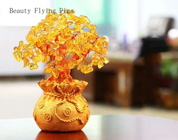 Large Golden Natural Crystal Lucky Money Bag Tree Fortune Tree Money Tree Business Craft New Home Gift Decoration Sculpture