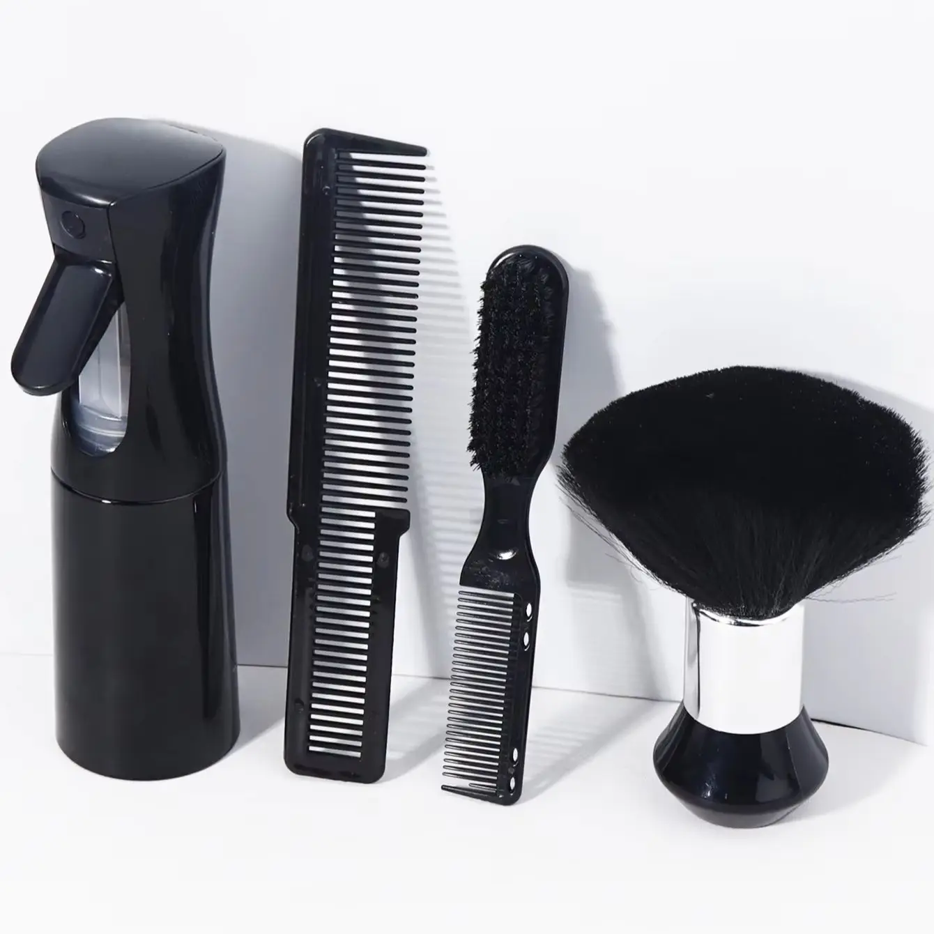 

4pcs professional barber brush set,neck duster,beard brush,hair cutting comb and spray bottle Special for real hair wigs