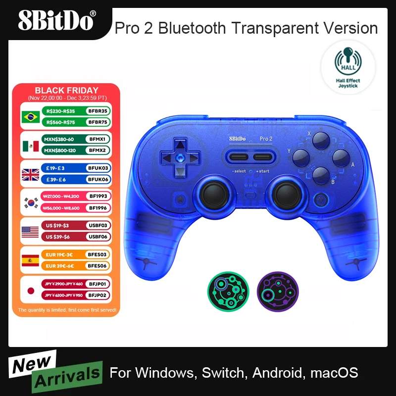 AKNES 8BitDo Transparent Pro 2 Bluetooth Controller Hall Effect Joystick Gamepad for Apple Switch PC macOS Android Steam Deck