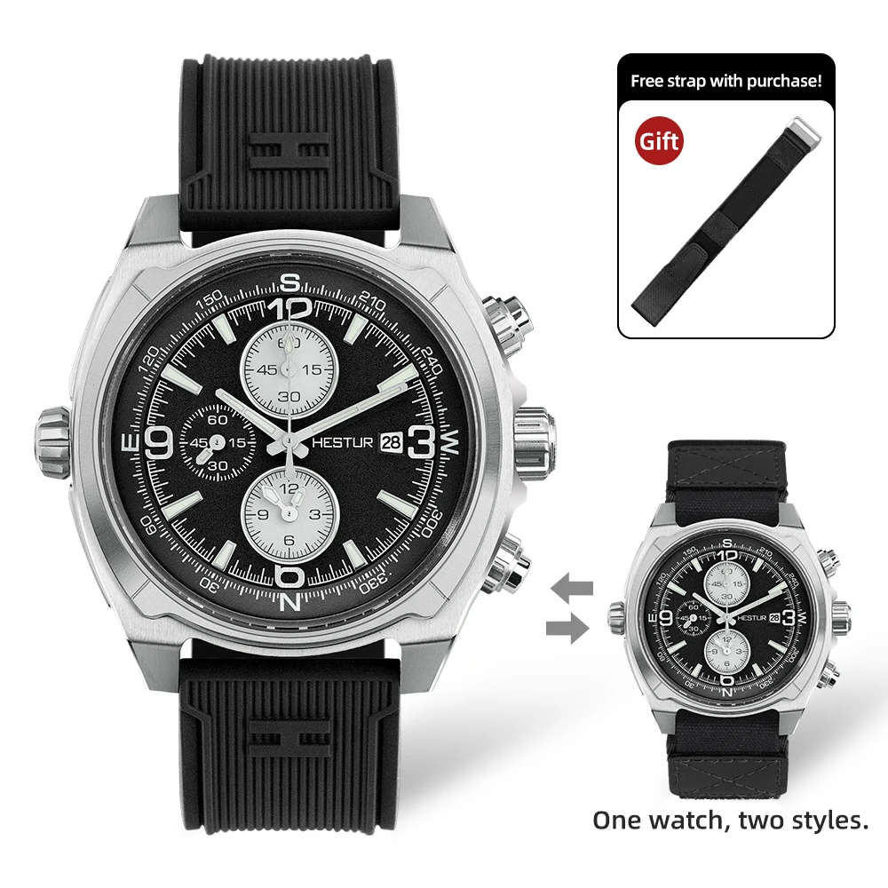 Hestur Men's Military Tactical Quartz Watch 44.5mm, Solar, Chronograph, Titanium Case, Field Wrist Watch, Sapphire, Date, 150bar