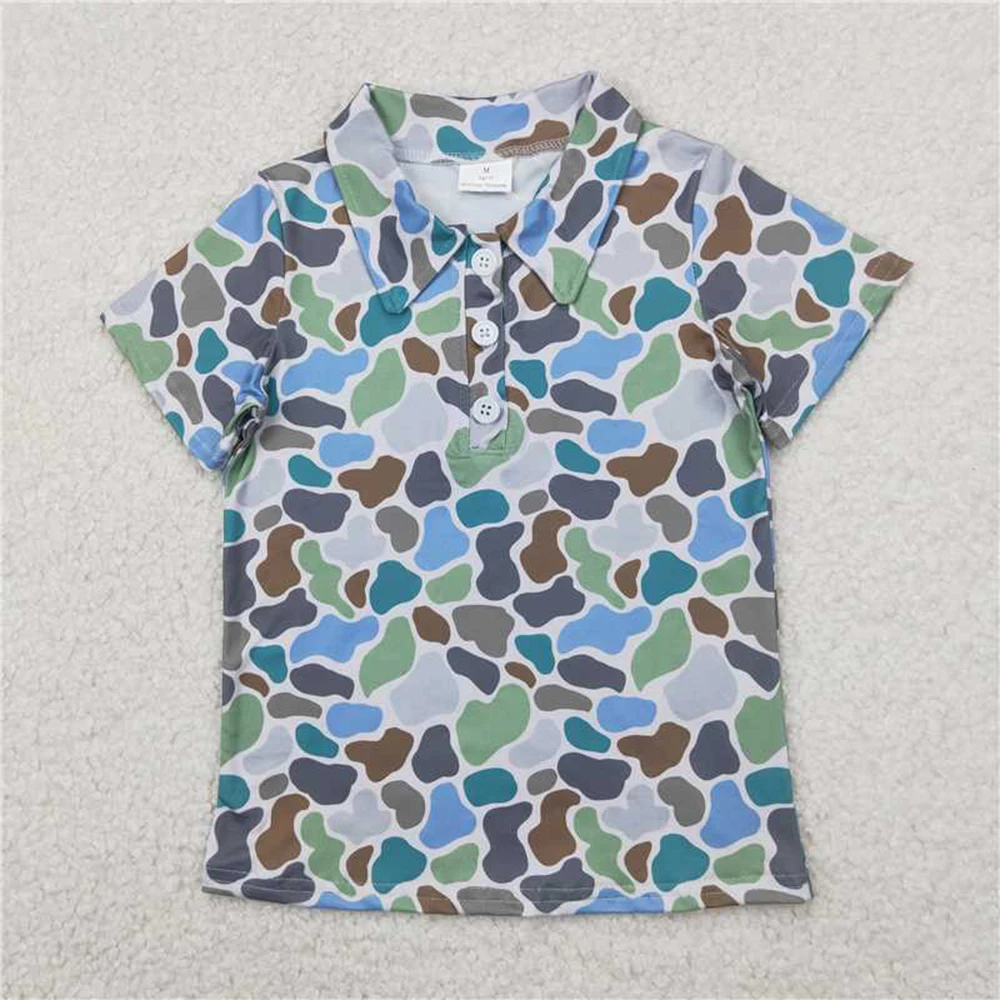 Зеленые камуфляжные рубашки поло с короткими рукавами и пуговицами для маленьких мальчиков, топы Зеленые камуфляжные рубашки поло с короткими рукавами и пуговицами для маленьких мальчиков, топы