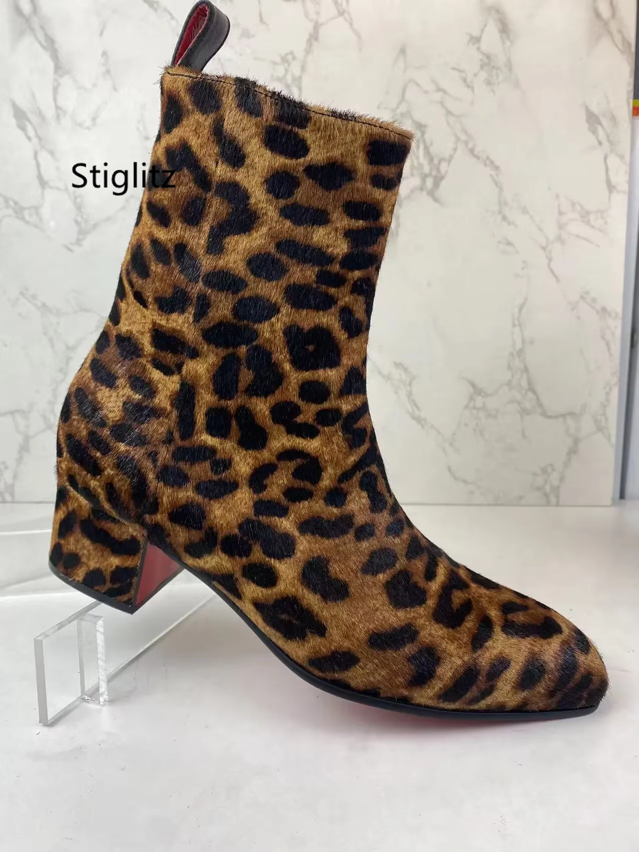 Leopard-Print Horsehair Men\'s Boots Pointed Toe Zipper High Top Ankle Boots Casual Runway Party Catwalk Shoes Autumn Winter New