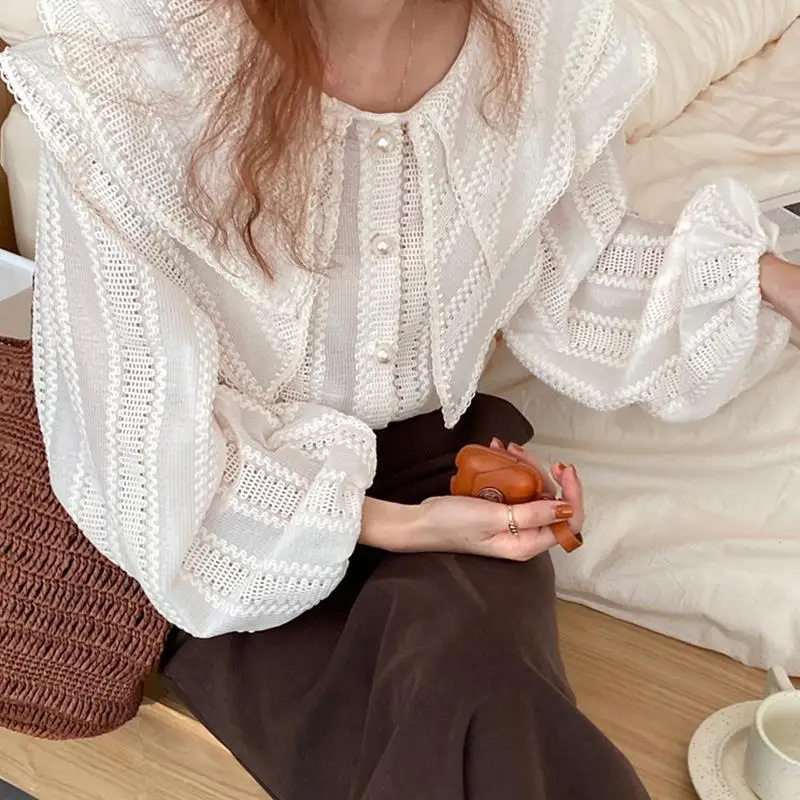 Sweet Preppy Style Lantern Sleeve Button Female Shirt Elegant All-match Chic Double Neck Hollow Out Solid Color Blouses Women