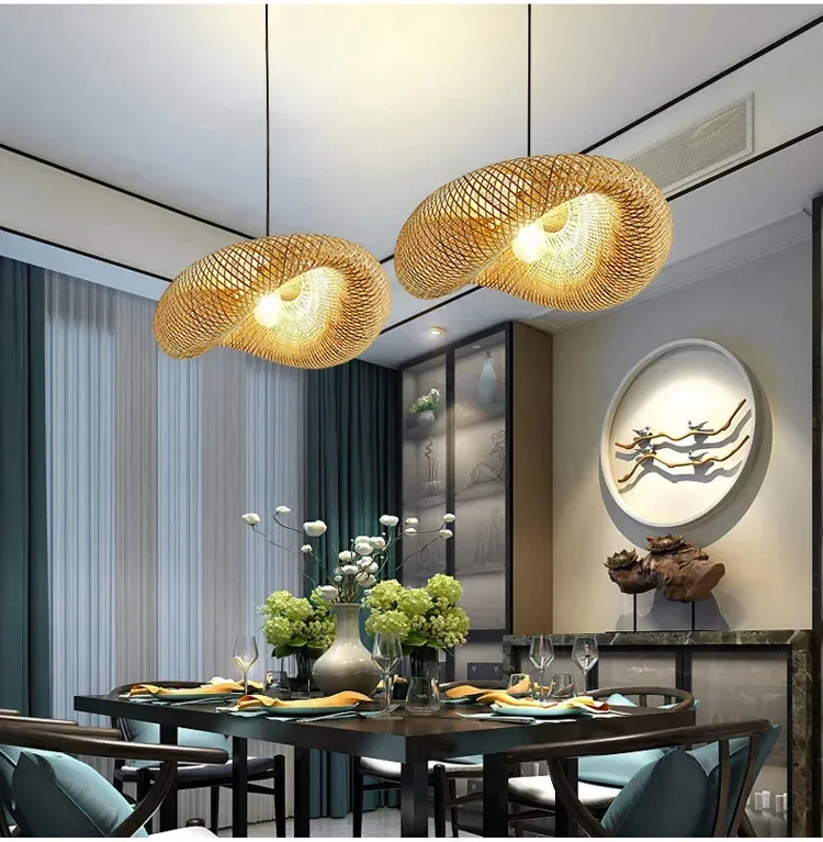 HandMade Bamboo Weaving LED Pendant Lamp Home Decor Hanging Chandelier Lighting Living Room Kitchen Vintage Rattan Woven Light
