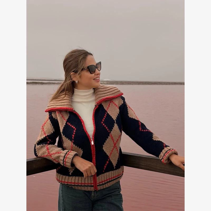 Loose Color Block Knitted Cardigan Oversized Lapel Collar Long Sleeve Sweater Coat Lady Fall Winter Soft Daily Knitwear Outfits