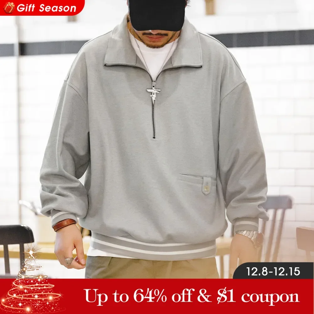 Maden Autumn Vintage Half Zip Heavyweight Sweatshirts for Men\'s Lapel Loose Hoodies Lvy College Pullovers Casual Polo Solid Tops
