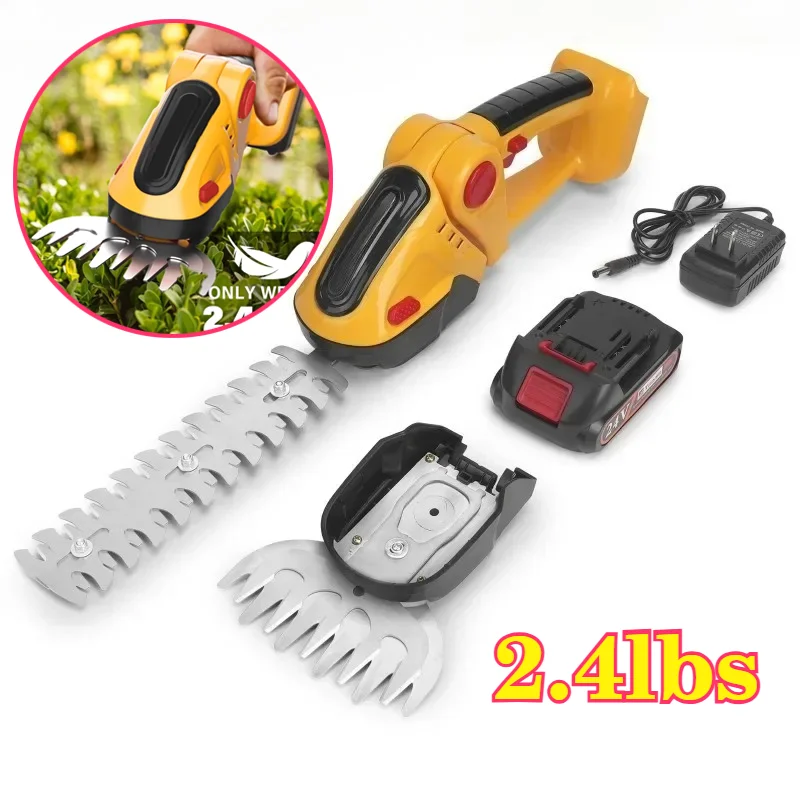 

Handheld Cordless Hedge Trimmer 2-in-1 2.4lbs Grass Trimmer 1 Rechargeable Battery and Charger 24V Electric Weed Mower
