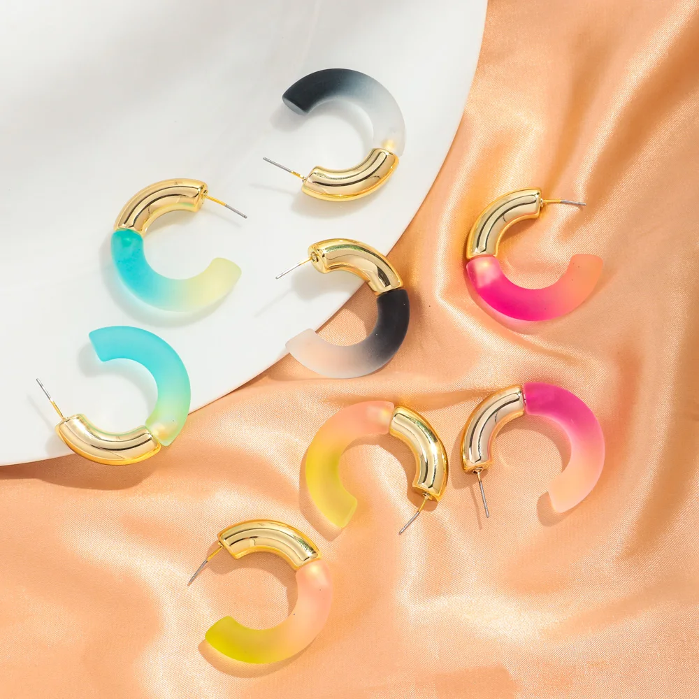 Cute Colorful Frosted Splicing Two Colors Acrylic C-Shape Earrings for Women Resin Geometric Circle Earrings Trendy 2024 Jewelry