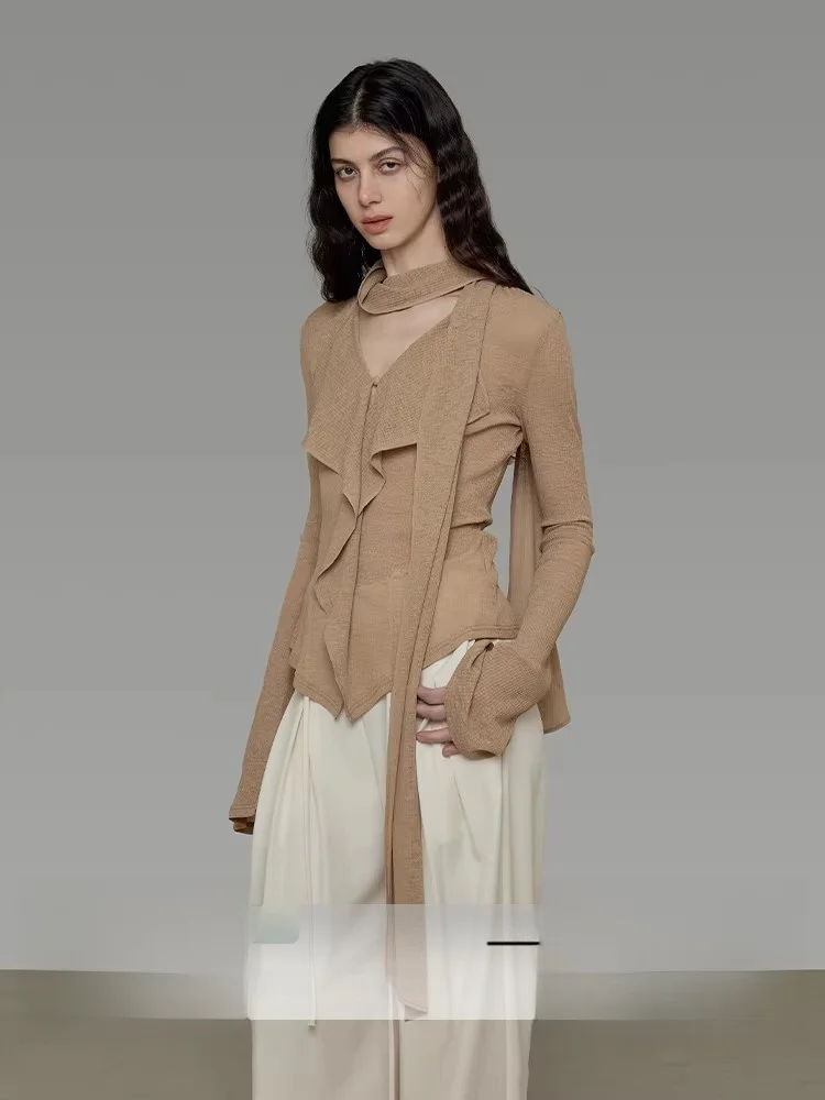 

Женская трикотажная кофта UNSPOKEN V-Ne, весна 2026, простая, универсальная, с длинными рукавами-колокол, повседневная, из полиэфирного волокна, стандартной длины