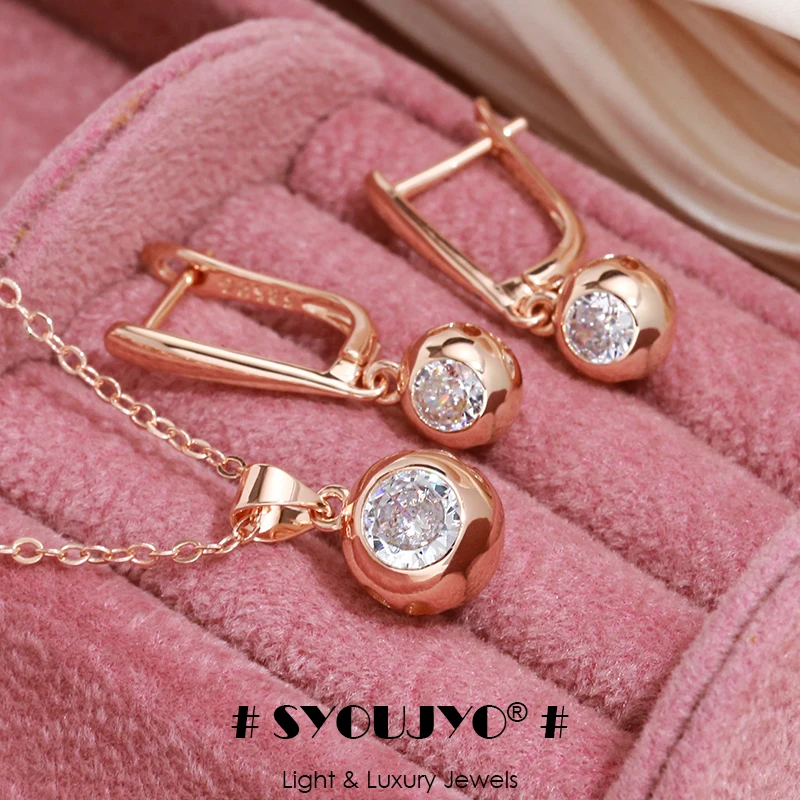 

SYOUJYO Fashion 585 Rose Gold Color Jewelry Set Natural Zircon Orb Dangle Earrings Necklace Luxury Anniversary Gift