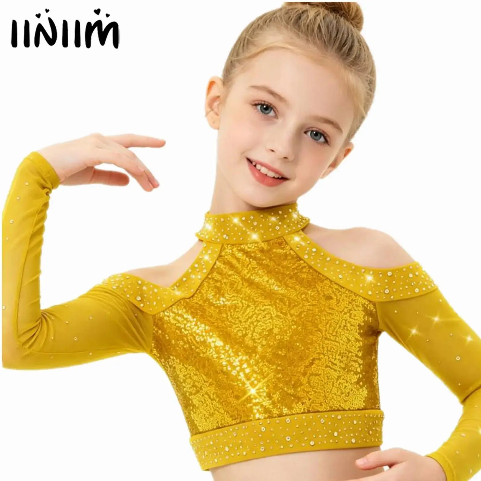 

Kids Girls Shiny Sequins Rhinestone Long Sleeve Crop Tops Hollow Out Long Sleeve Jazz Dance Short Crop Top Performance Costumes