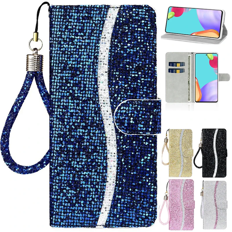 Wallet Flip Glitter Leather Case For Samsung Galaxy S24 S23 S22 Ultra S21 FE S20 Plus A13 A14 A15 A52 A53 A54 A55 A34 A35 Cover