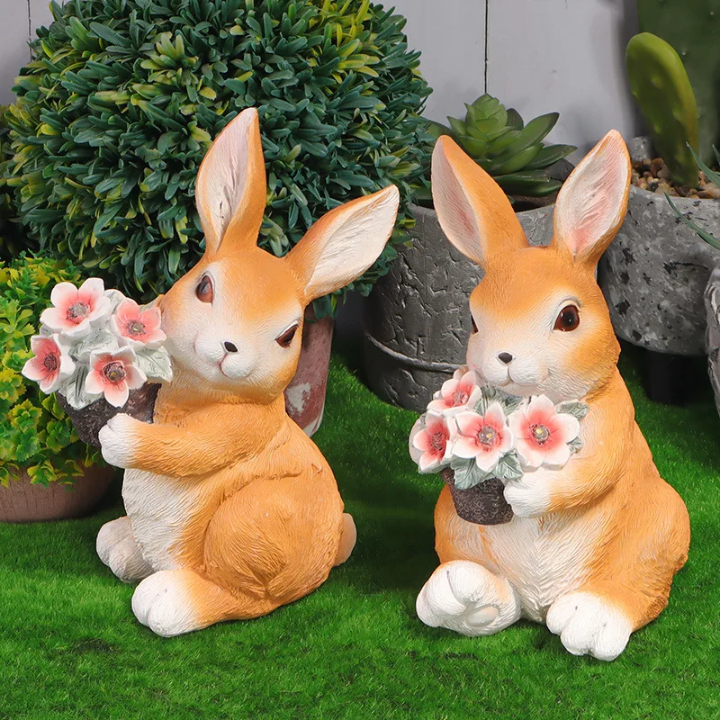 Solar Resin Rabbit Holding Flower Statue LED Night Light Outdoor Garden Figurine Mini Landscape Yard Lawn Patio Decor Ornament