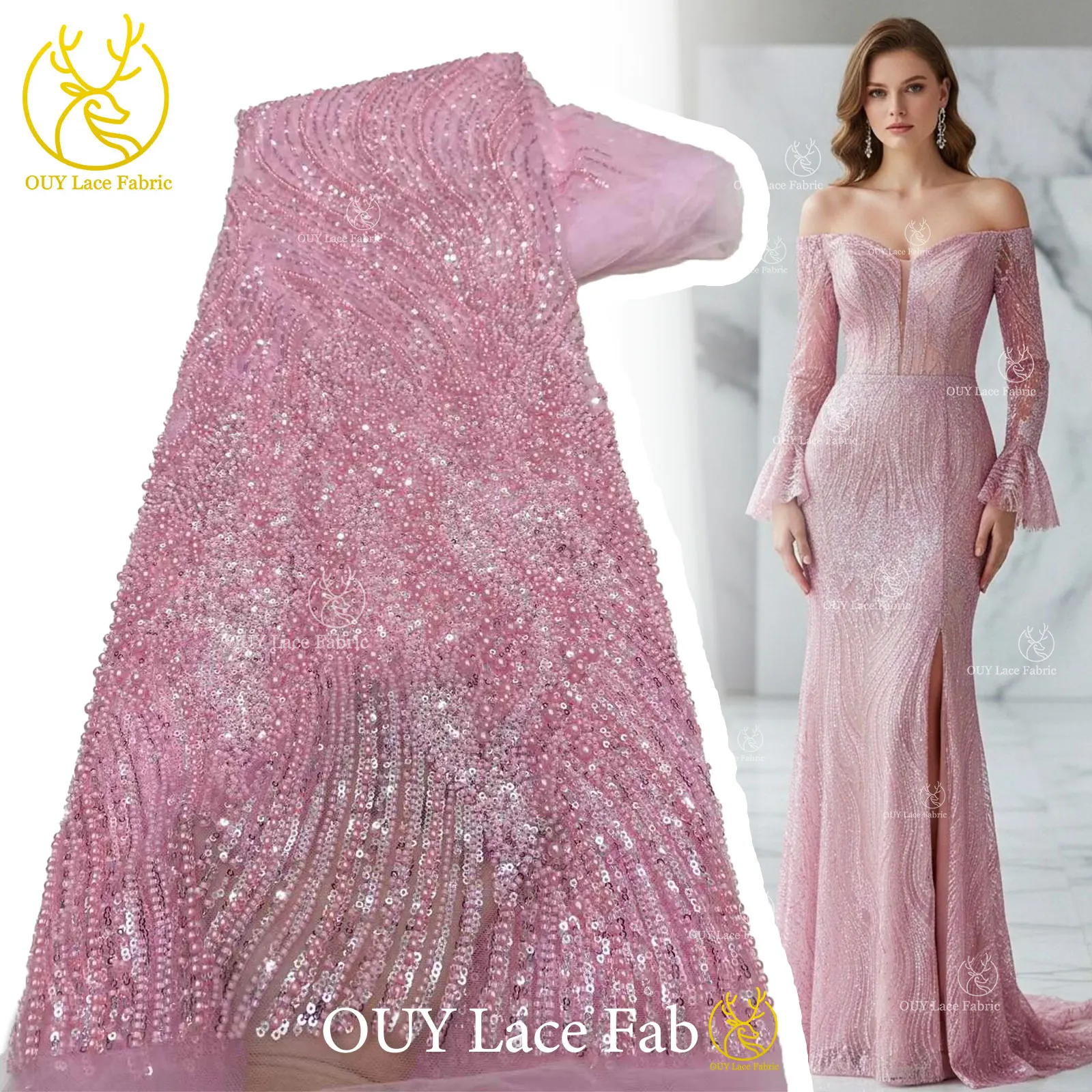 

Розовая африканская ткань с бисером для жениха, 2026, высокое качество, французский нигерийский тюль с блестками, кружевная ткань для шитья свадебного платья