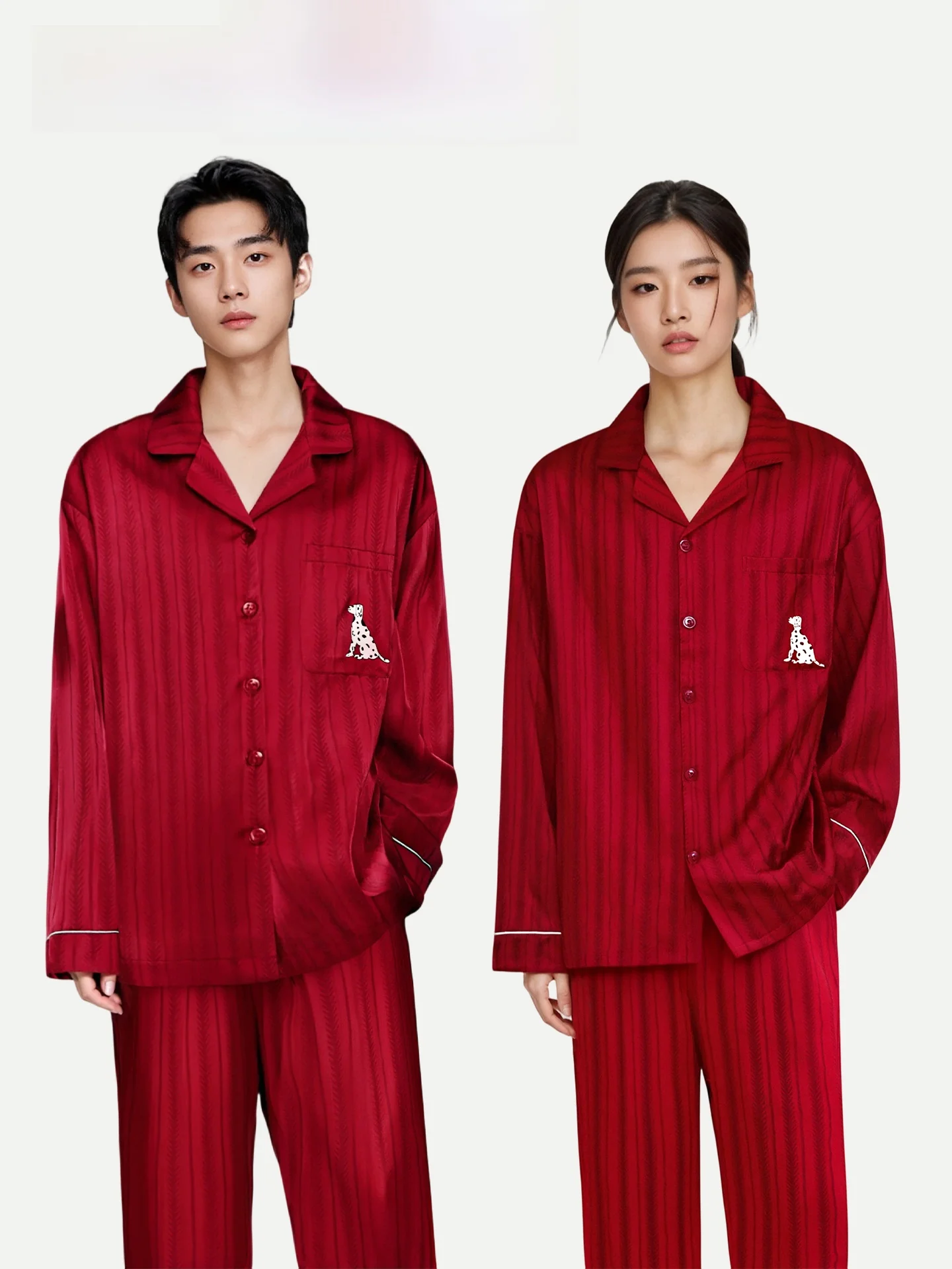 PinkBread Couples Sleepwear Red Ice Silk Wedding New Home Clothes Summer Set Women's Style Comfortable Loose Fit Long Sleeve