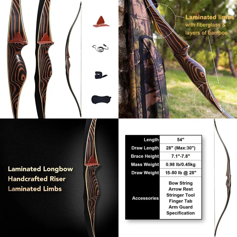 

Традиционный охотничий лук 54 дюйма для стрельбы из лука с бамбуковыми наконечниками, изогнутый лук ручной работы, правый/левый для тренировки нацеливания, стрельба йо